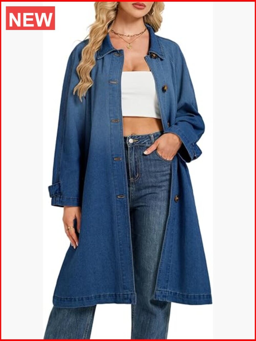 Midi Denim Trench Coat Oversized Single Breasted Long Jean Jacket Duster